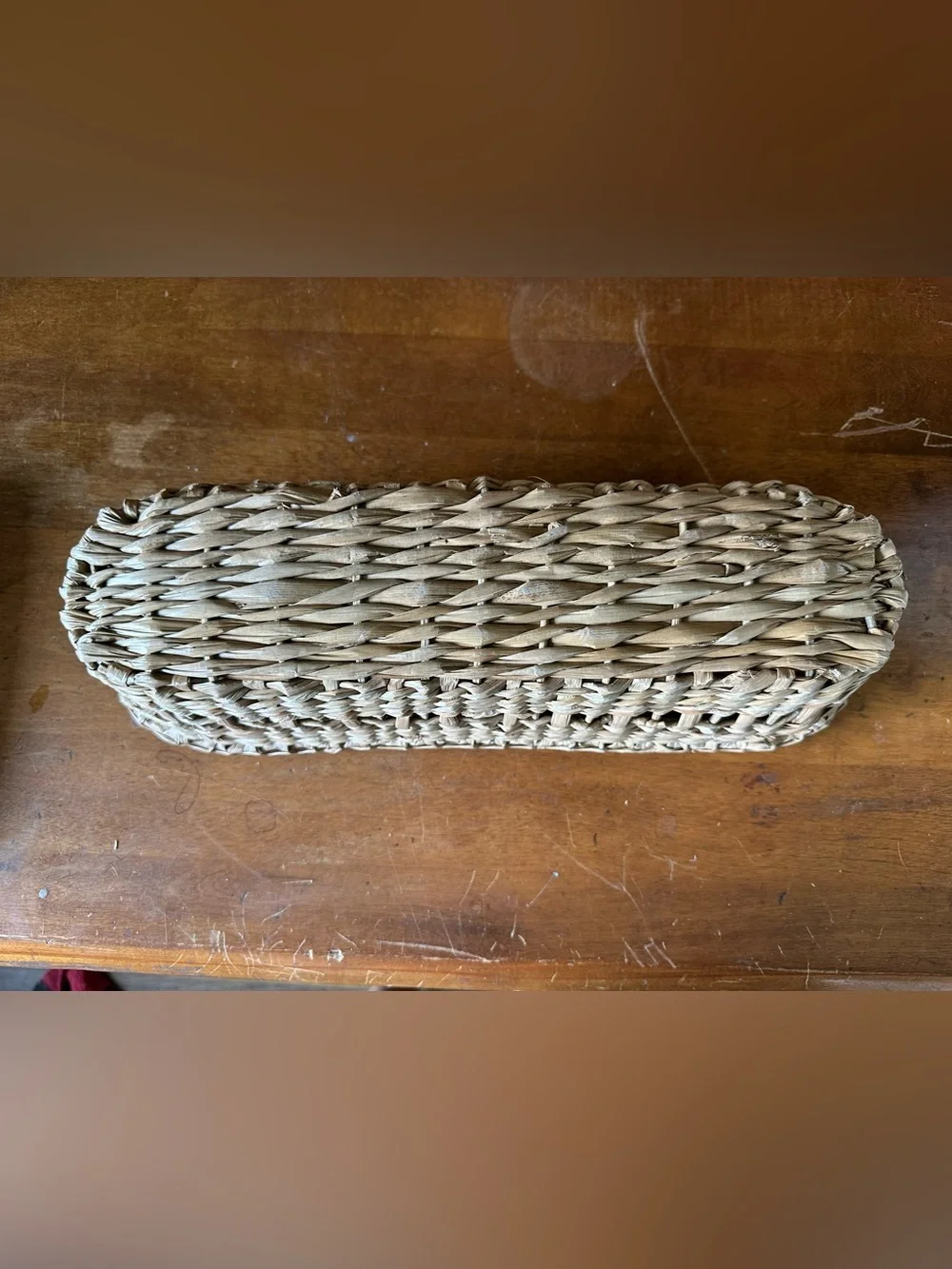 Vintage Handwoven Natural Fiber Bread Basket Long Oval Open Weave Rustic 16”